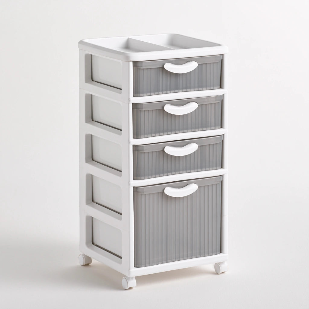 Tour de rangement sur roulettes en plastique sur roulettes à quatre niveaux, coloris blanc