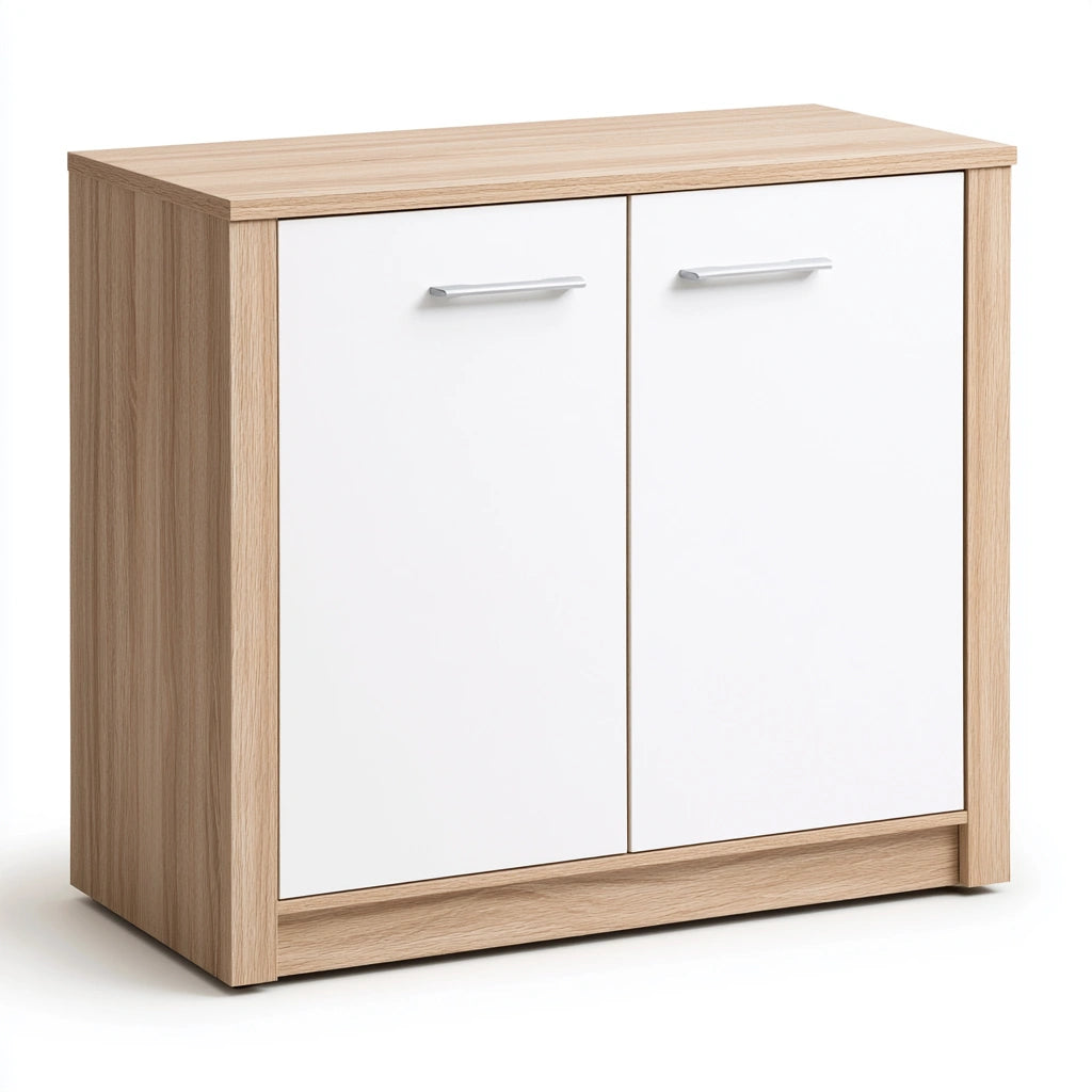 Meuble de rangement en bois finition chêne à deux portes, coloris brun clair
