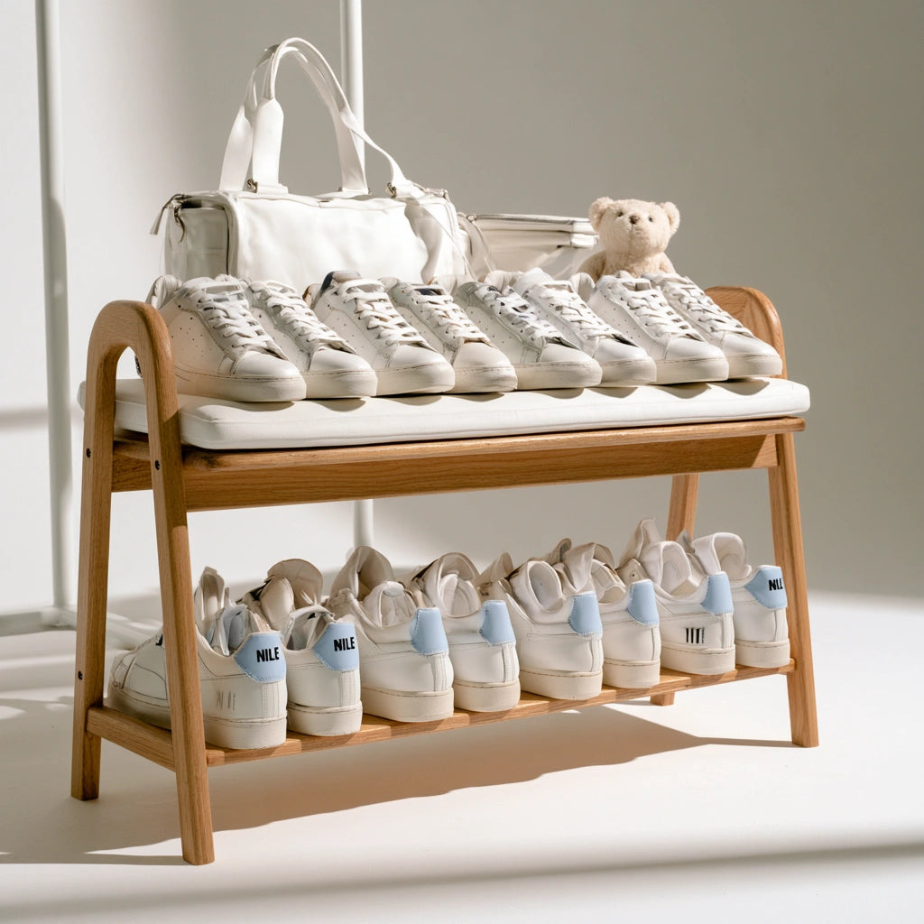 Banc à chaussures à niveaux en bois à deux niveaux, coloris brun clair