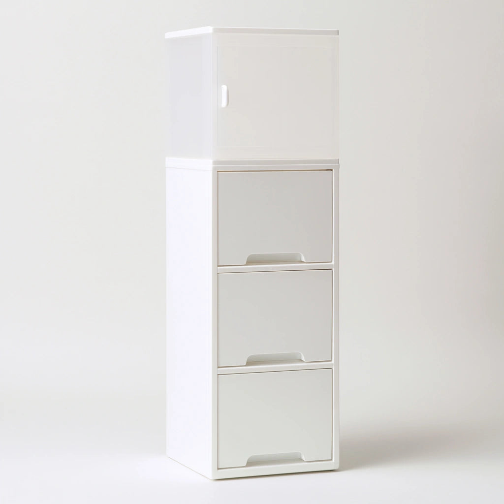 Tour de rangement étroite en plastique à trois niveaux, coloris blanc
