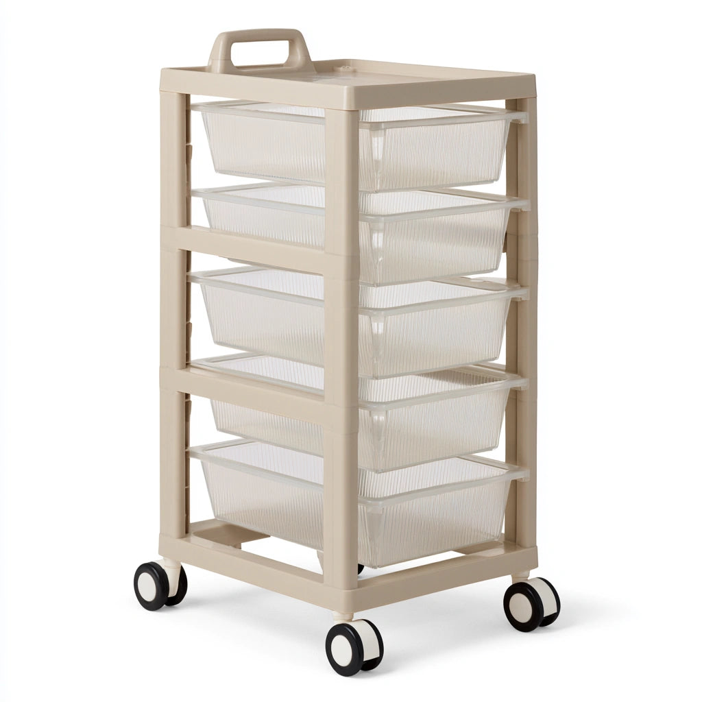 Chariot de rangement aux lignes épurées sur roulettes à quatre niveaux, coloris beige