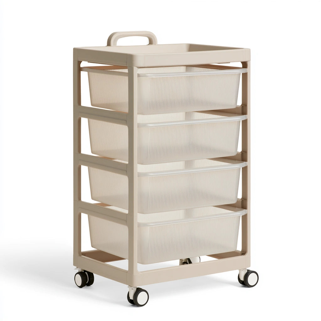 Chariot de rangement aux lignes épurées sur roulettes à quatre niveaux, coloris beige
